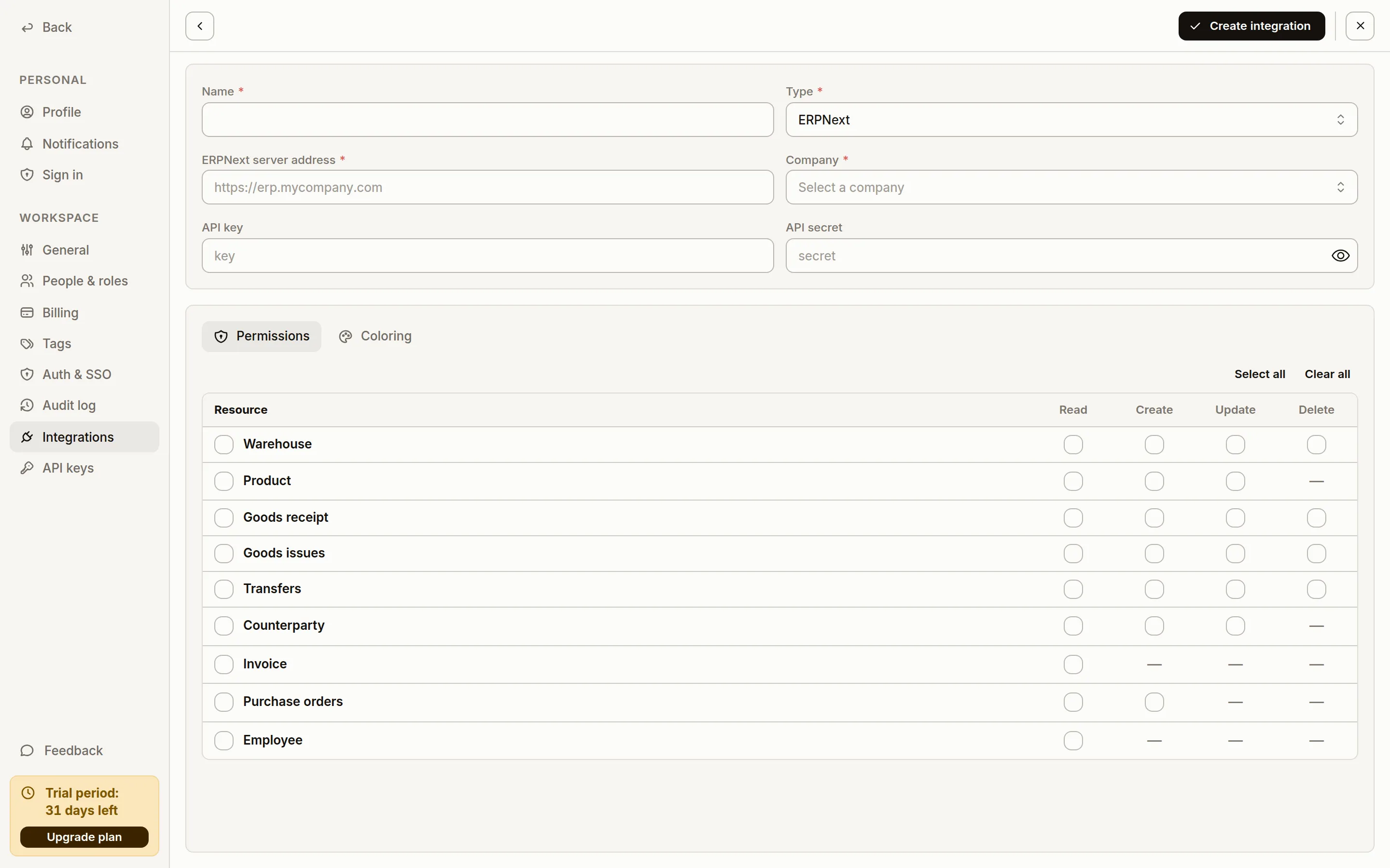 New integration form with the ERPNext type selected: server address, company picker, API key and secret, and the permissions matrix
