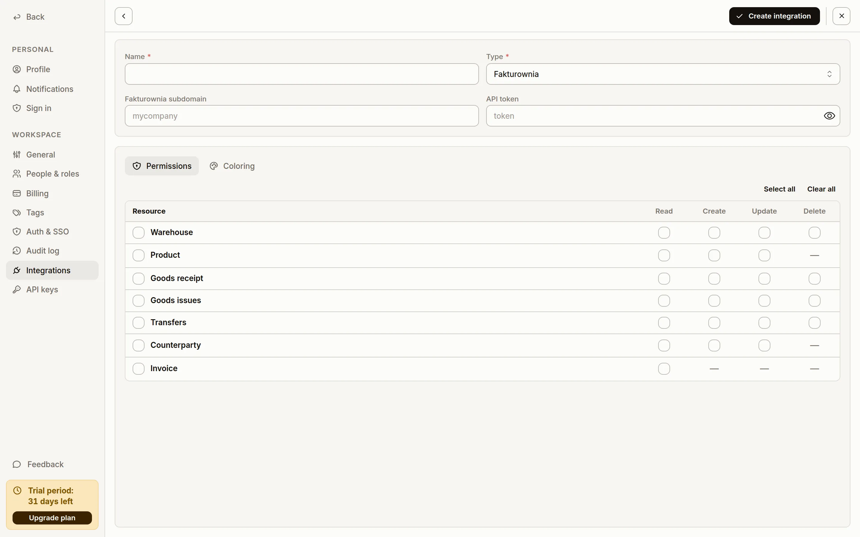 New integration form with the Fakturownia type selected: name, subdomain, API token and the permissions matrix