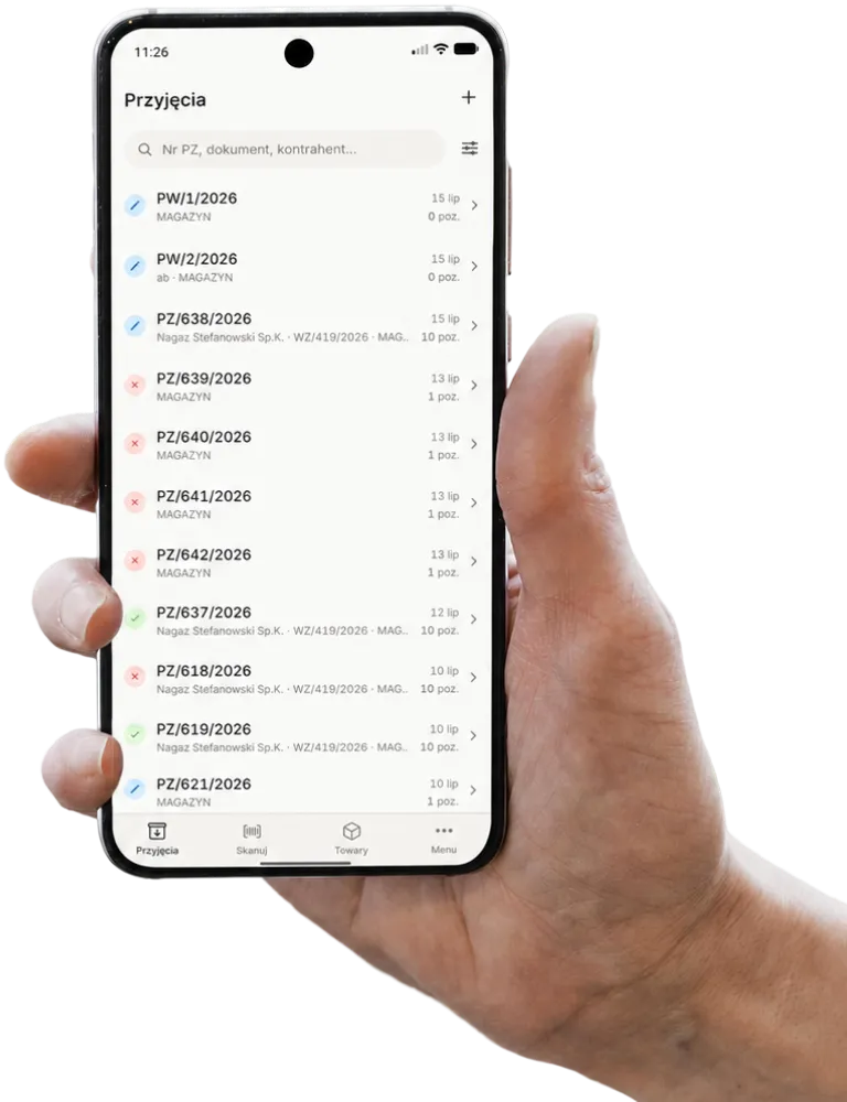 Aplikacja mobilna Sancho — lista przyjęć towaru