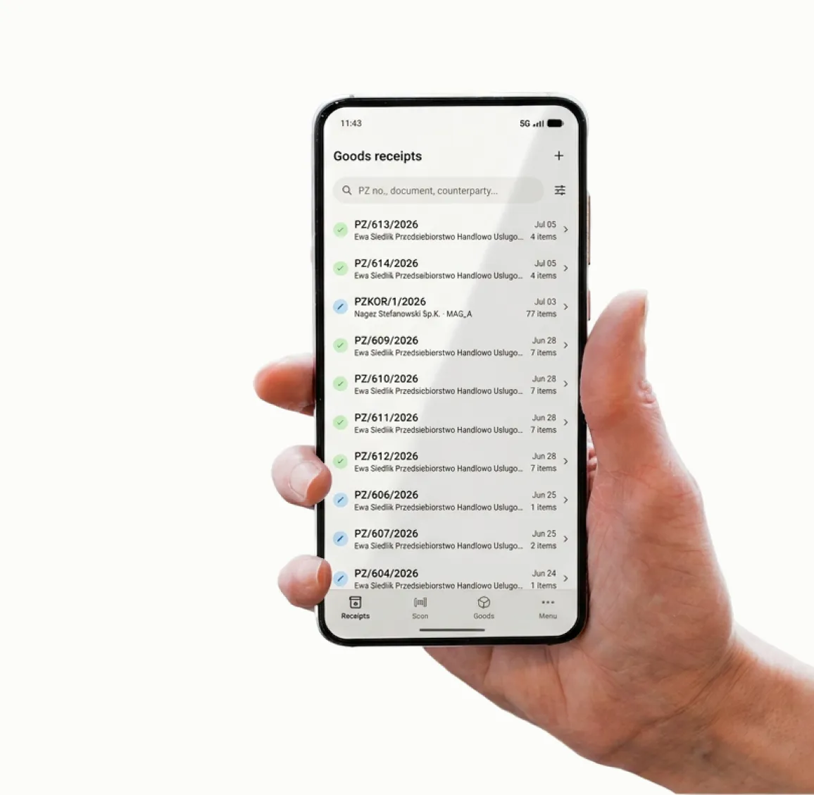 Aplikacja mobilna Sancho — lista przyjęć towaru