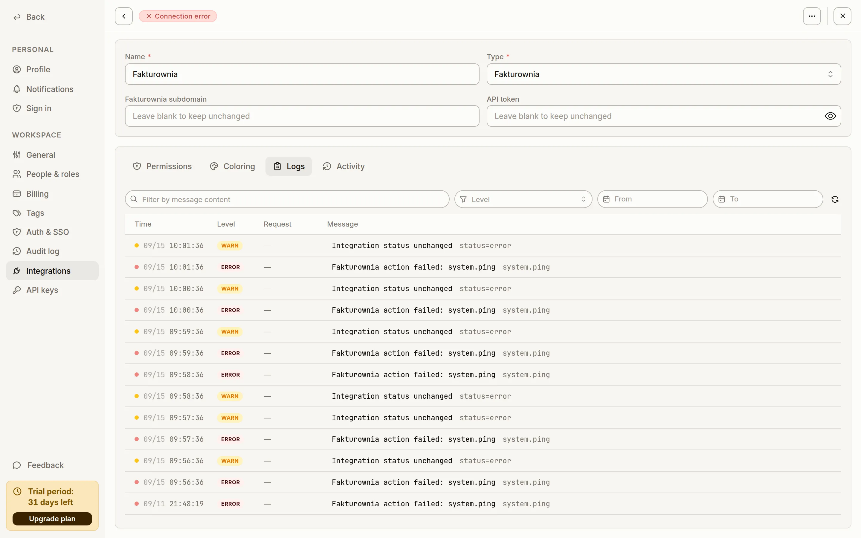 Logs tab on the Fakturownia integration card, showing a Connection error badge and failed system.ping calls