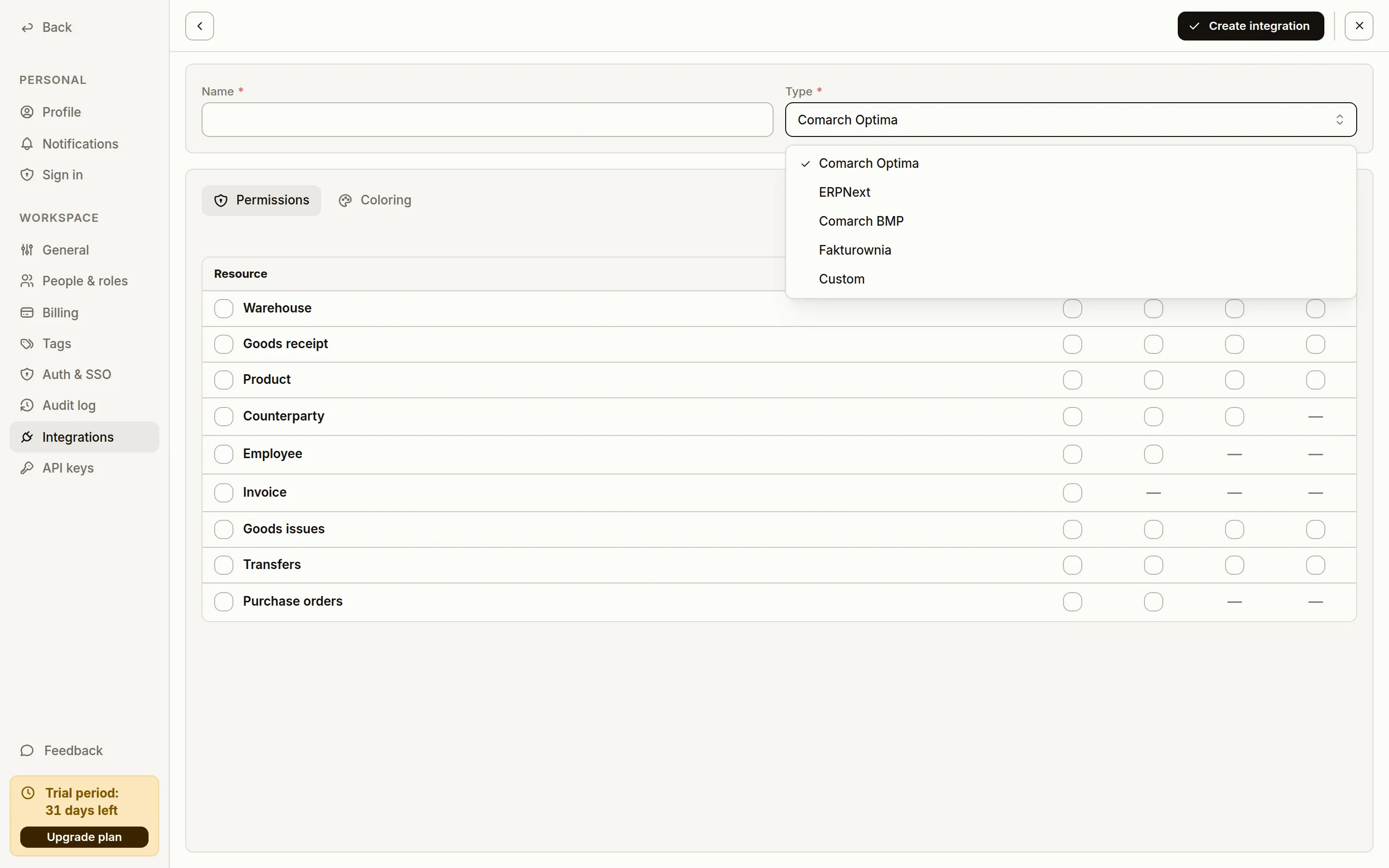 Integration type dropdown open: Comarch Optima, ERPNext, Comarch BMP, Fakturownia and Custom