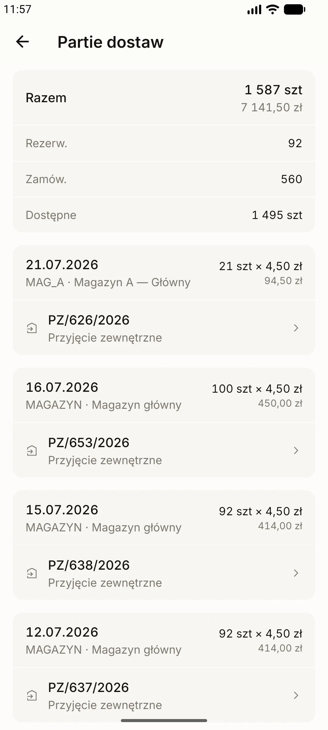 Ekran Partie dostaw z numerem przyjęcia pod każdą partią
