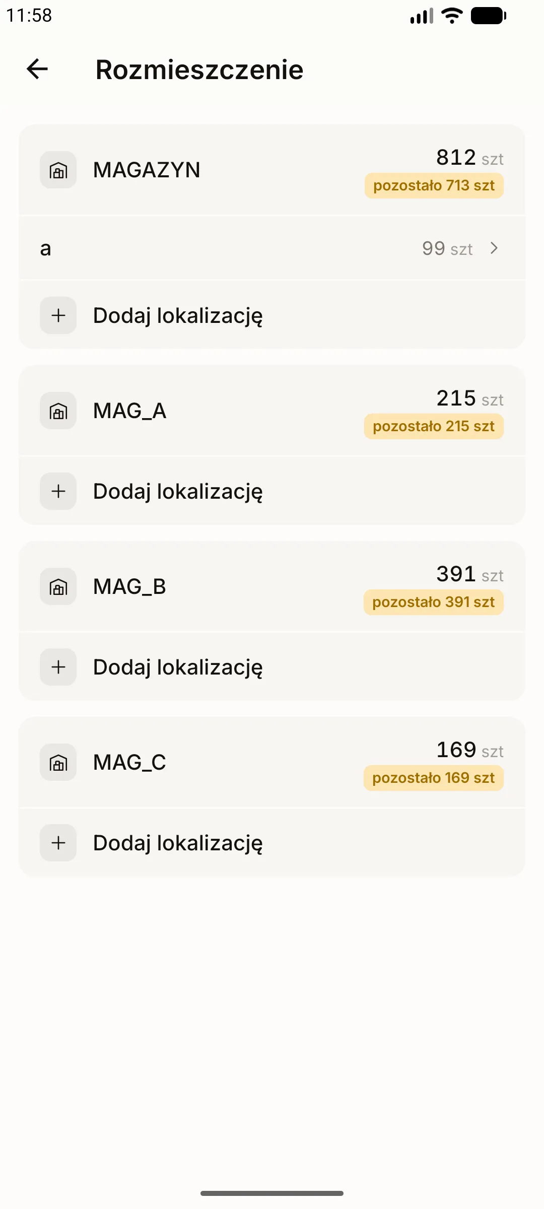 Ekran Rozmieszczenie z kartą dla każdego magazynu i przyciskiem Dodaj lokalizację
