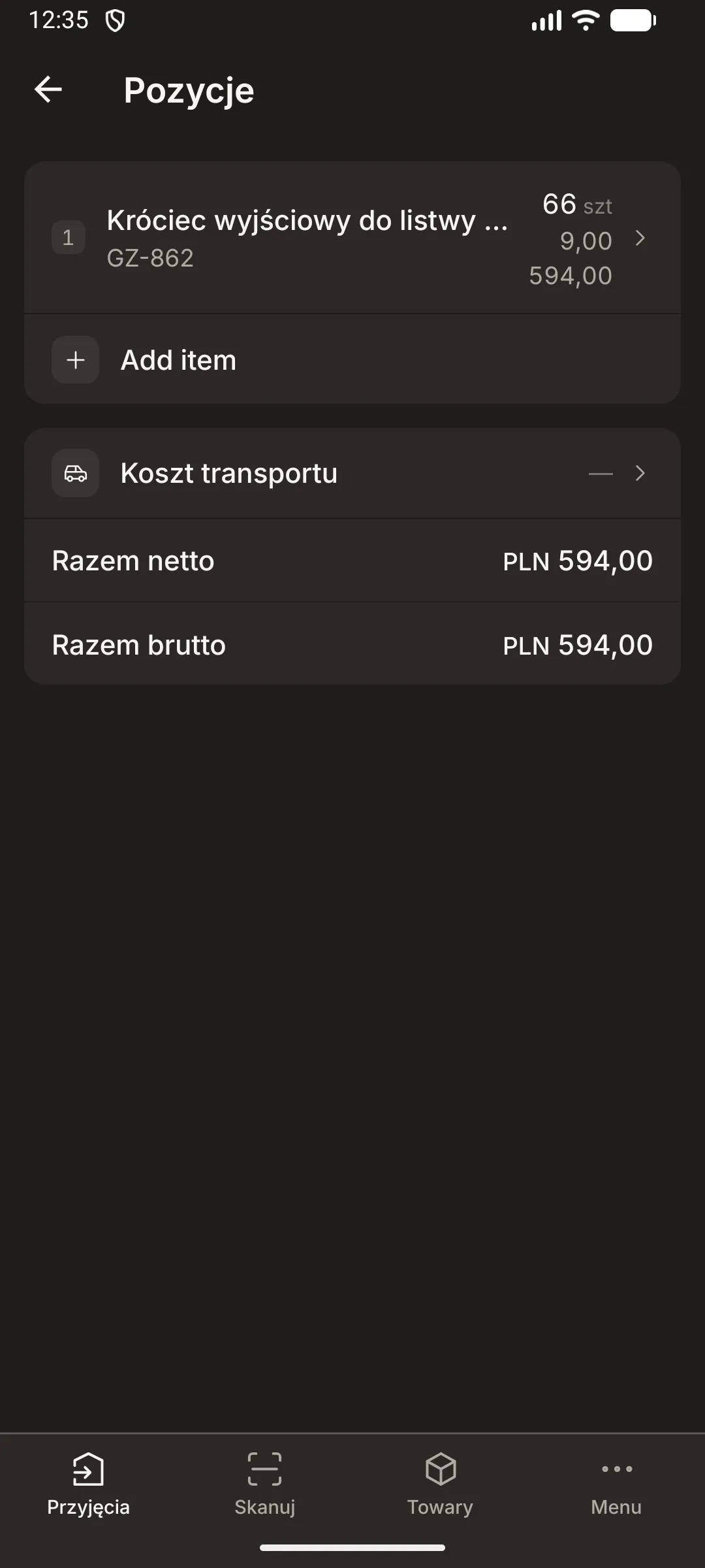 Stopka pozycji na telefonie z sumą netto i sumą brutto